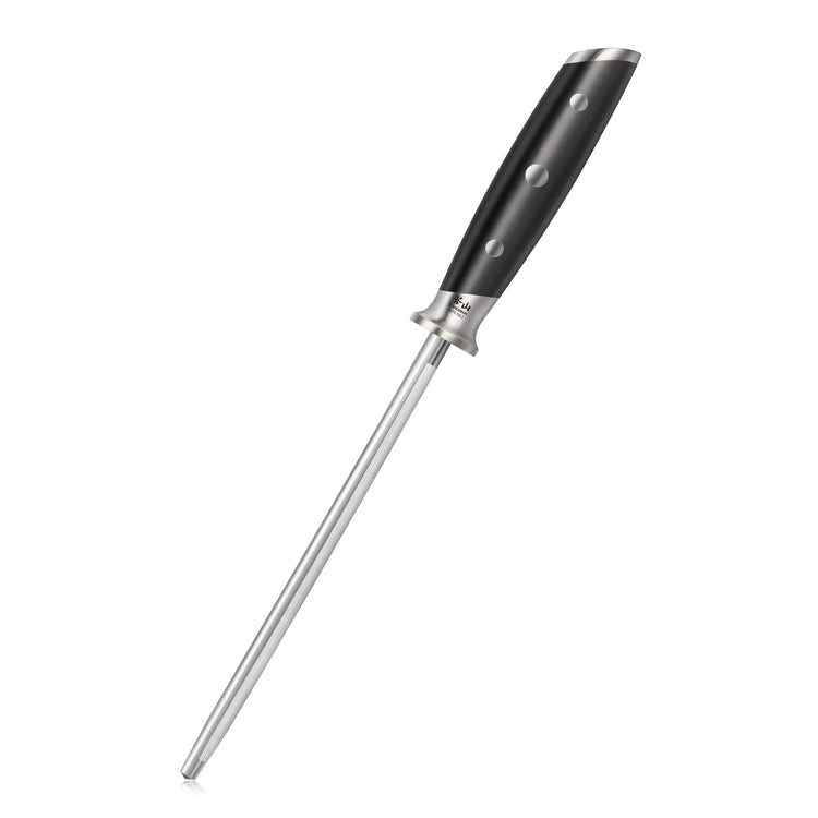 Black-handled 8-inch honing steel with a metal rod and riveted grip handle for knife sharpening.