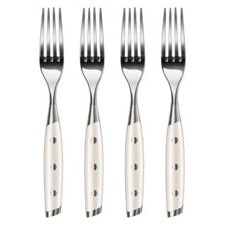
                    
                      Four stainless steel steak forks with white handles, each featuring three rivets, arranged vertically side by side.
                    
                  