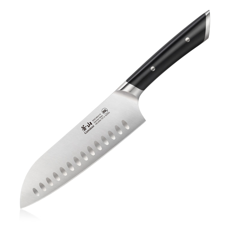 Santoku knife with a black handle and a stainless steel blade featuring oval indentations along the edge.