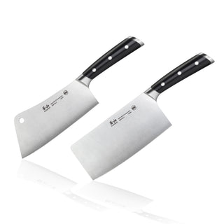 
                    
                      Two cleaver knives with black handles and stainless steel blades, positioned side by side on a white background.
                    
                  