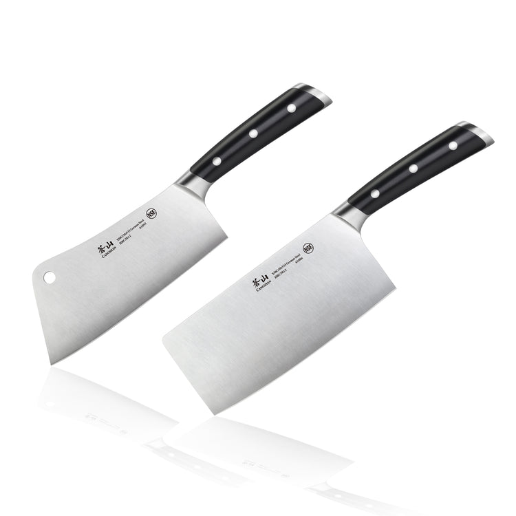 Two cleaver knives with black handles and stainless steel blades, positioned side by side on a white background.