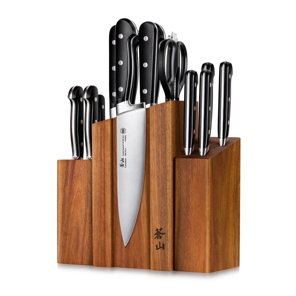 
                  
                    Load image into Gallery viewer, TV2 Series 14-Piece Magnetic Knife Block Set, Forged Swedish 14C28N Steel, DENALI Acacia Block, 1023046
                  
                