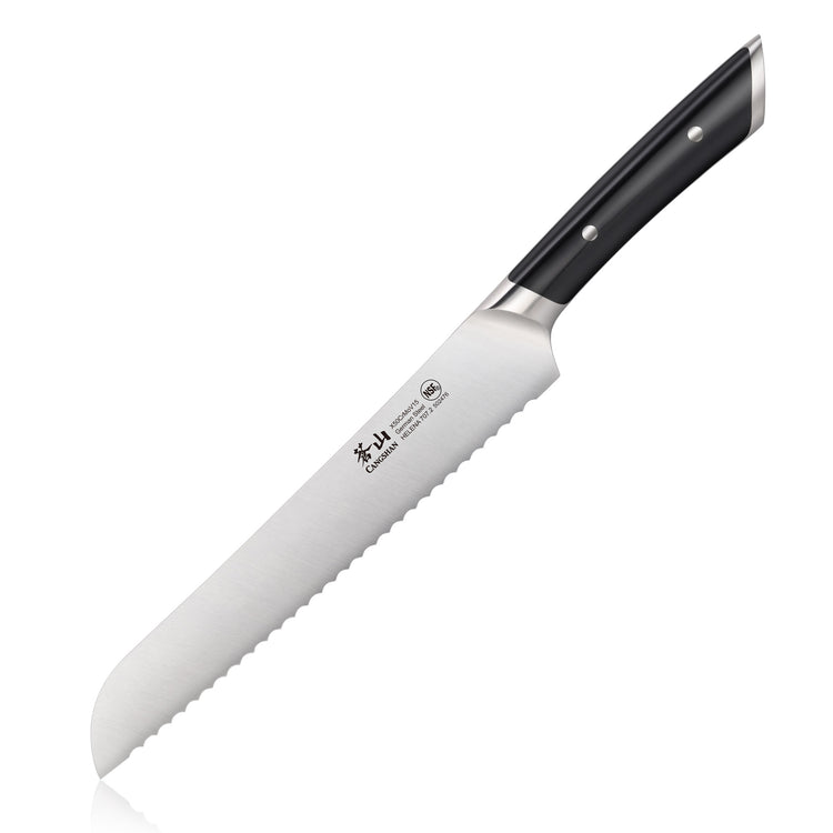 8-inch serrated bread knife with black handle and stainless steel blade marked with brand and specifications.