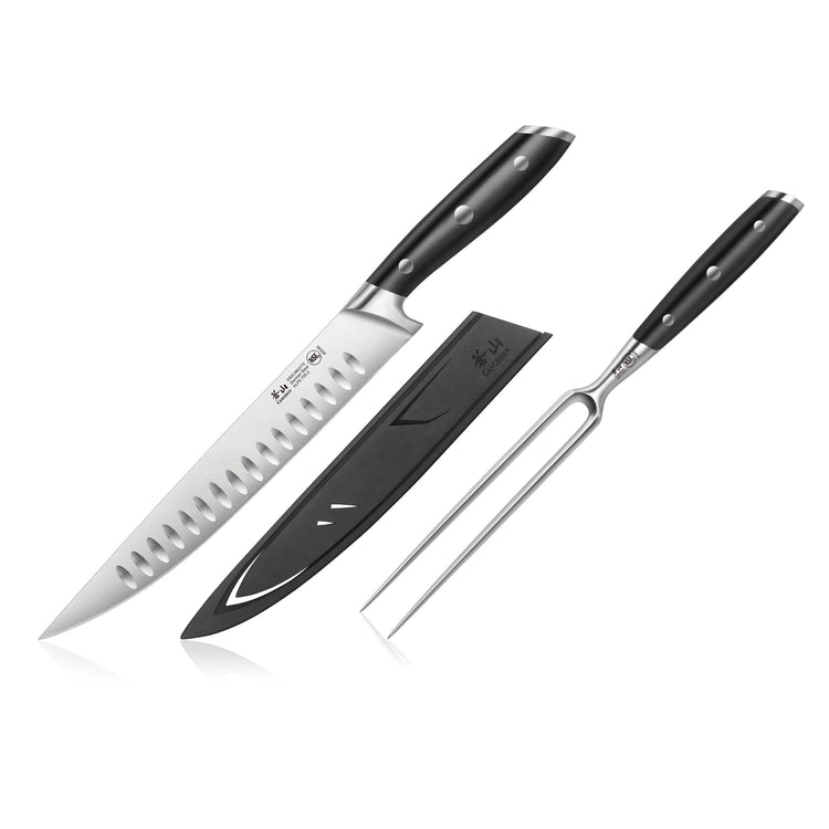 Two-piece carving set with a black-handled carving knife, matching sheath, and two-prong carving fork.