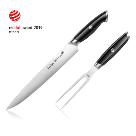 Two-piece carving set with a long knife and a two-prong fork, black handles, stainless steel blades.