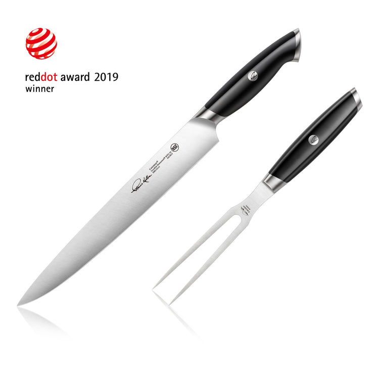 Two-piece carving set with a long knife and a two-prong fork, black handles, stainless steel blades.