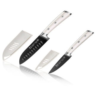
                    
                      Two kitchen knives with white handles and black blades, each with a white protective sheath.
                    
                  