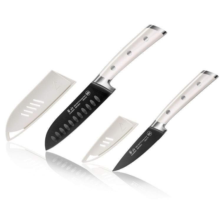 Two kitchen knives with white handles and black blades, each with a white protective sheath.