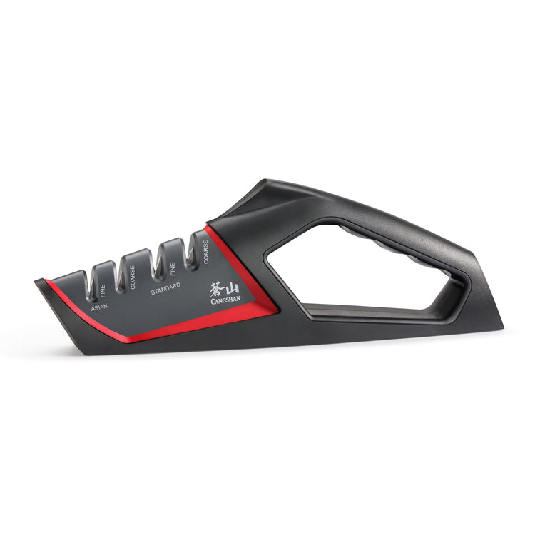 Black and red handheld knife sharpener with four labeled slots for Asian, coarse, standard, and fine sharpening.