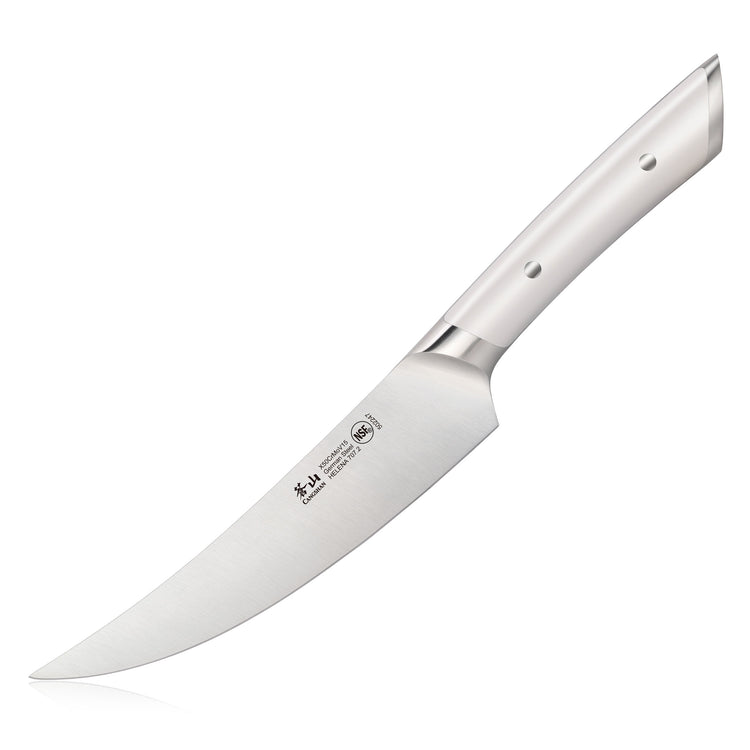 6-inch boning knife with curved stainless steel blade and white handle with two rivets.
