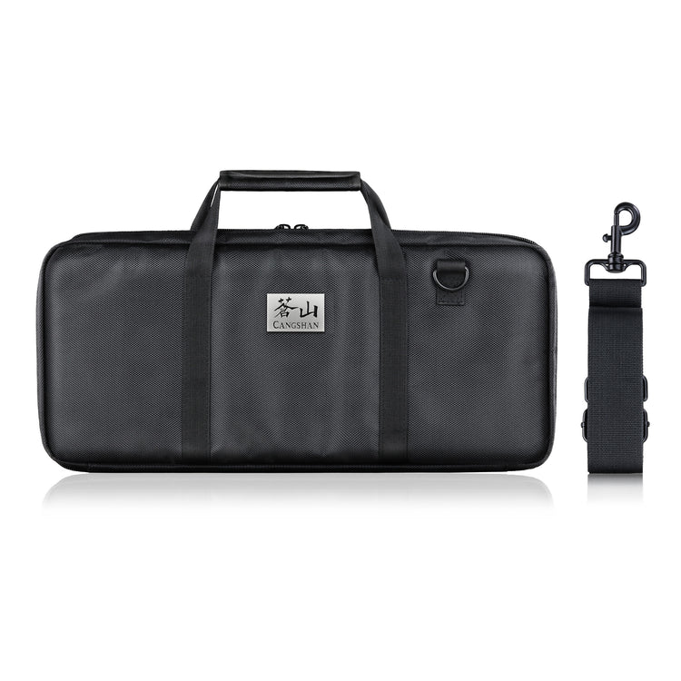 Black rectangular nylon knife bag with handles and detachable shoulder strap, closed and empty.