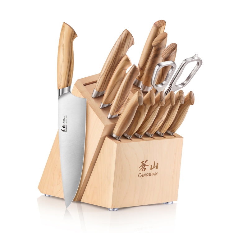 15-piece knife block set with wooden handles, including chef's knife, paring knives, and kitchen shears in a wooden block.