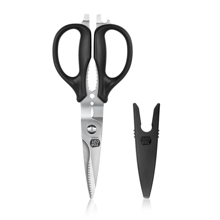 Heavy-duty kitchen shears with black handles and serrated stainless steel blades, accompanied by a black protective sheath.