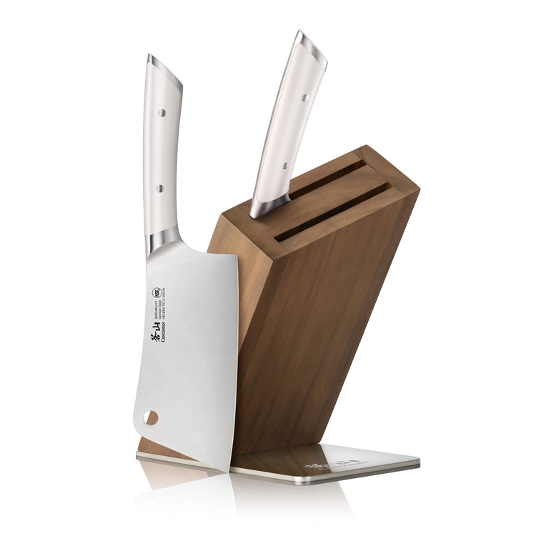 Two stainless steel cleaver knives with white handles in a wooden acacia knife block with two slots.