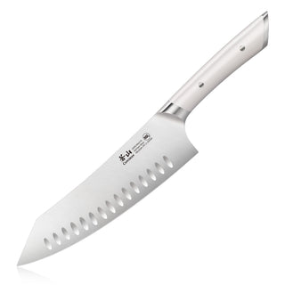 
                    
                      8-inch chef's knife with a white handle and a stainless steel blade featuring oval cutouts.
                    
                  