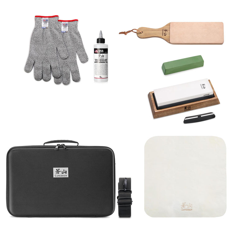 Cut-resistant gloves, honing oil, wooden paddle, sharpening stones, strop, strap, and black carrying case.