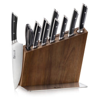 12-piece knife set with black handles in a wooden block with a metal base, including a pair of kitchen scissors.