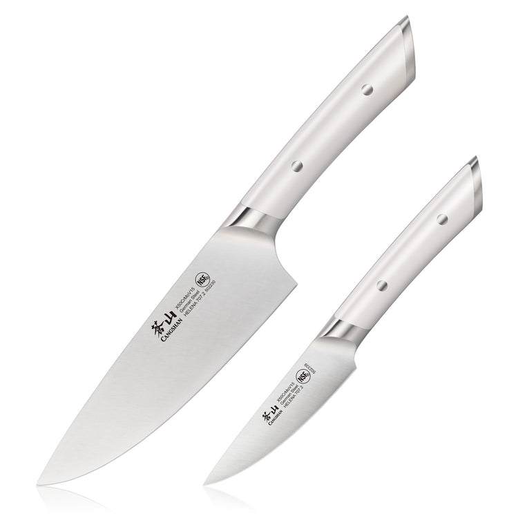 Two stainless steel kitchen knives with full tang and riveted handles, one larger chef knife and one smaller paring knife.