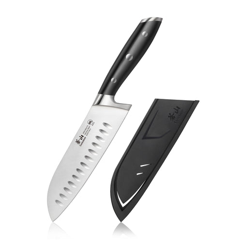 Santoku knife with a black handle and a stainless steel blade featuring oval indentations, next to a black protective sheath.