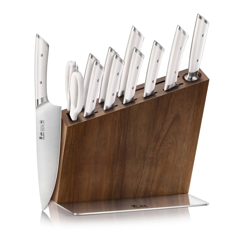 12-piece knife set with stainless steel blades and handles in a wooden block with a metal base, including kitchen scissors.