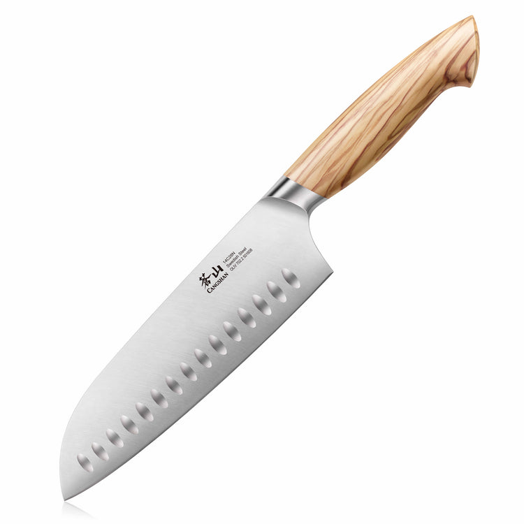 Santoku knife with a 7-inch stainless steel blade featuring dimples and a light olivewood handle.