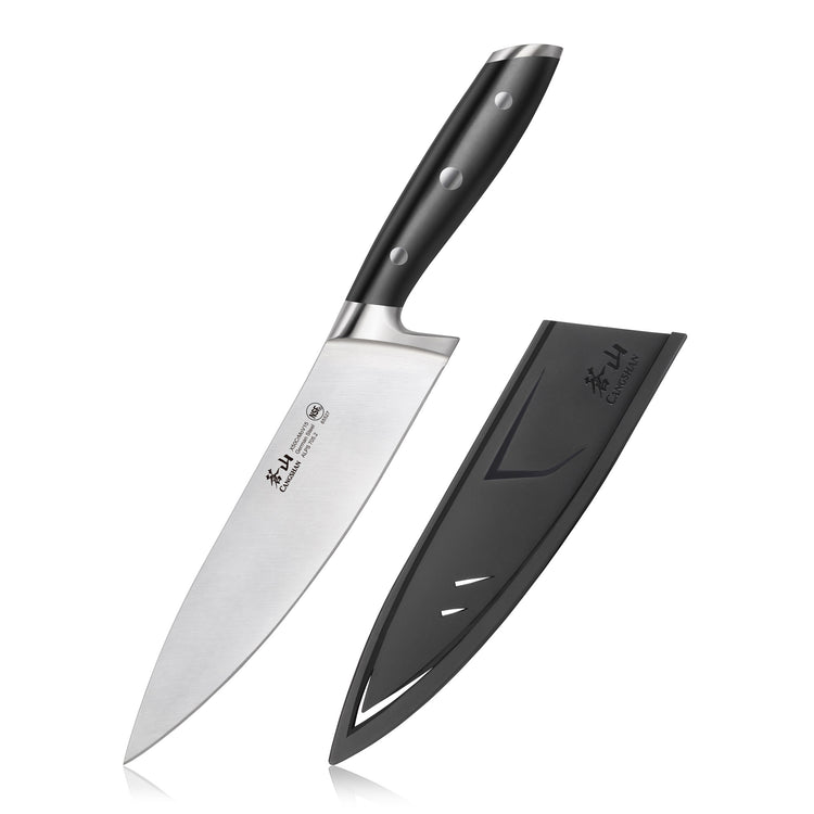 8-inch chef knife with black handle and three rivets, next to a black protective sheath.