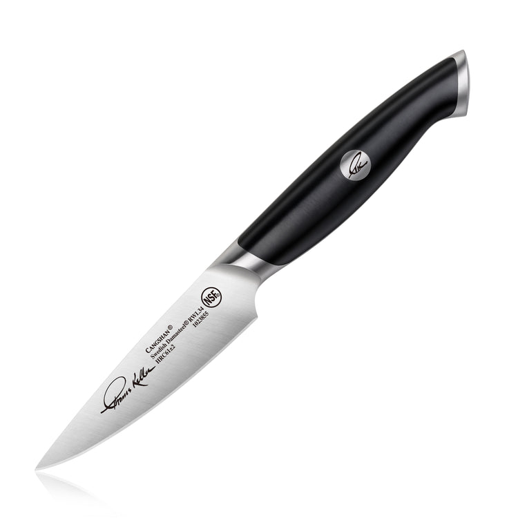 3.5-inch paring knife with black ergonomic handle and stainless steel blade featuring engraved text and signature.