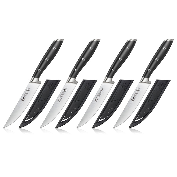 Four black-handled steak knives with stainless steel blades, each paired with a black protective sheath.