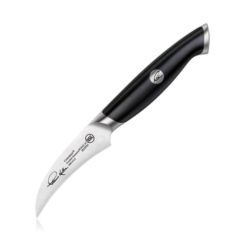 Peeling knife with curved stainless steel blade and black ergonomic handle featuring a metal emblem.