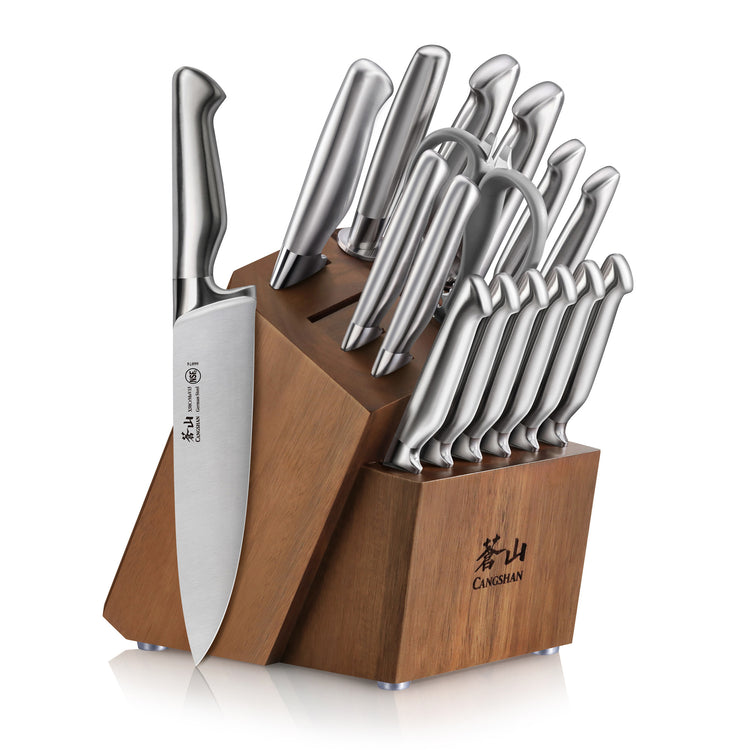 17-piece knife set with stainless steel blades and handles, stored in a wooden block with angled slots.