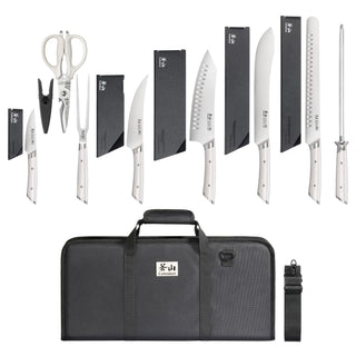 
                    
                      Nine-piece knife set including scissors, sharpening steel, and various knives with black carrying case and strap.
                    
                  