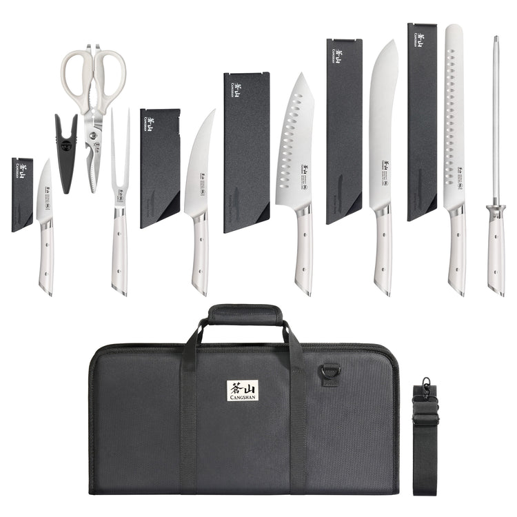 Nine-piece knife set including scissors, sharpening steel, and various knives with black carrying case and strap.