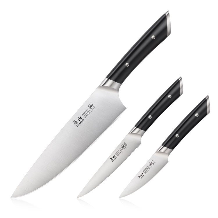Three kitchen knives with black handles and stainless steel blades, varying in size from large to small.