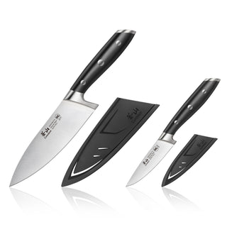 
                    
                      Two black-handled forged steel knives with matching black protective sheaths, displayed on a white background.
                    
                  