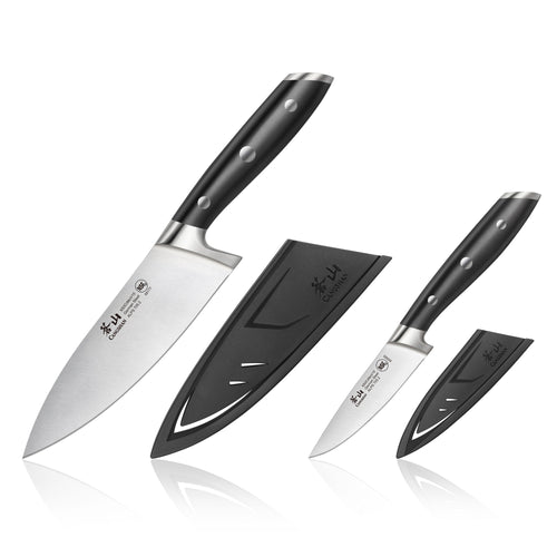 Two black-handled forged steel knives with matching black protective sheaths, displayed on a white background.