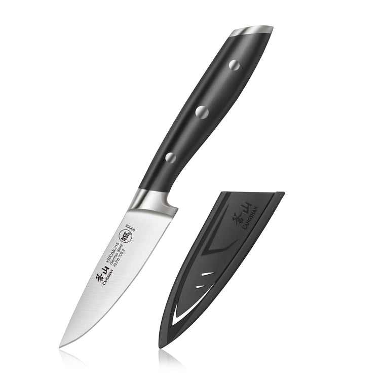3.5-inch paring knife with black ergonomic handle and stainless steel blade, shown with matching black protective sheath.