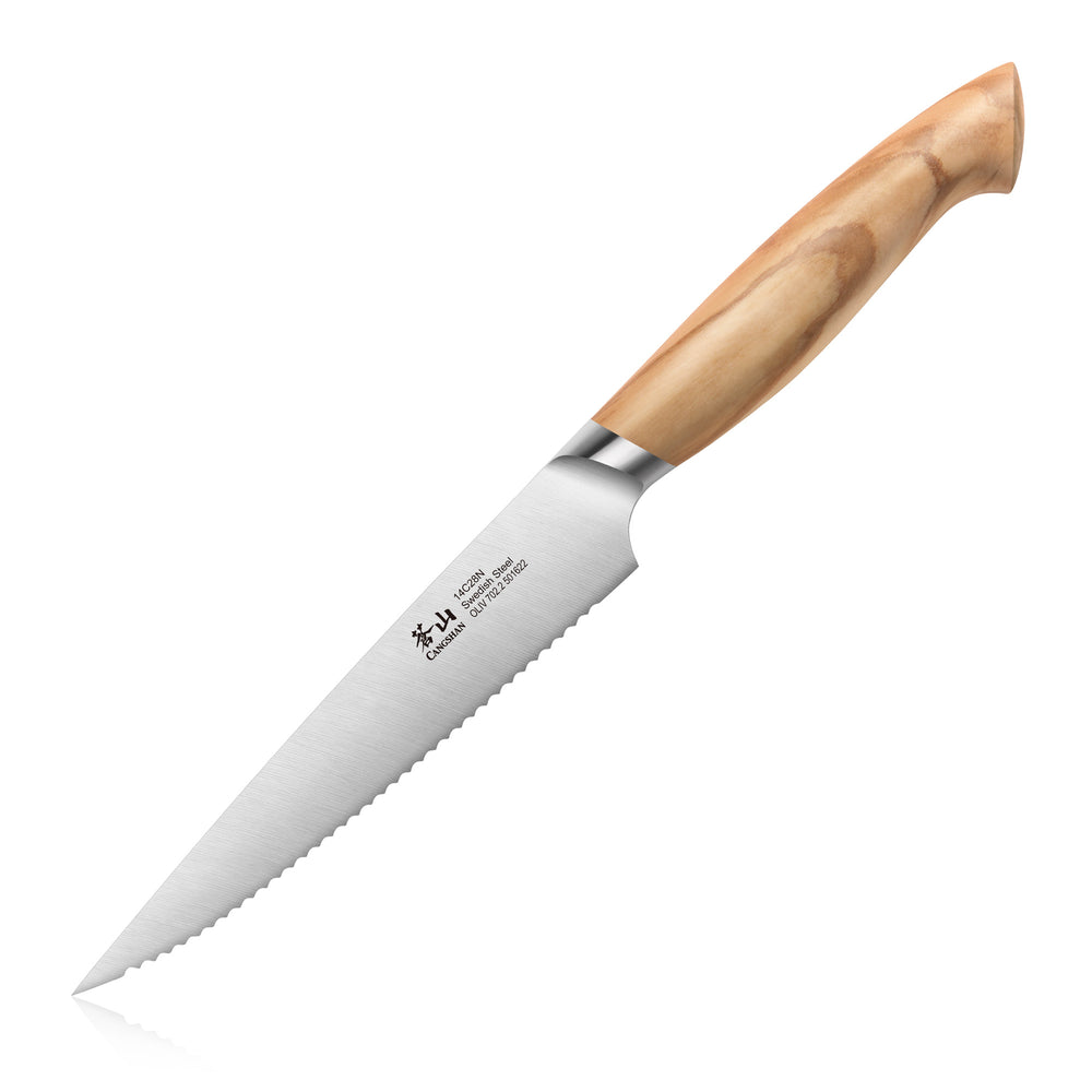 
                  
                    Load image into Gallery viewer, Cangshan OLIV Series 501622 Swedish 14C28N Steel Forged 5&amp;quot; Serrated Utility Knife
                  
                