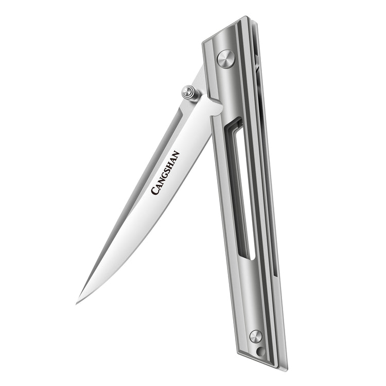 Slim, silver folding knife with a pointed blade and rectangular handle, blade marked with "CANGSHAN" logo.