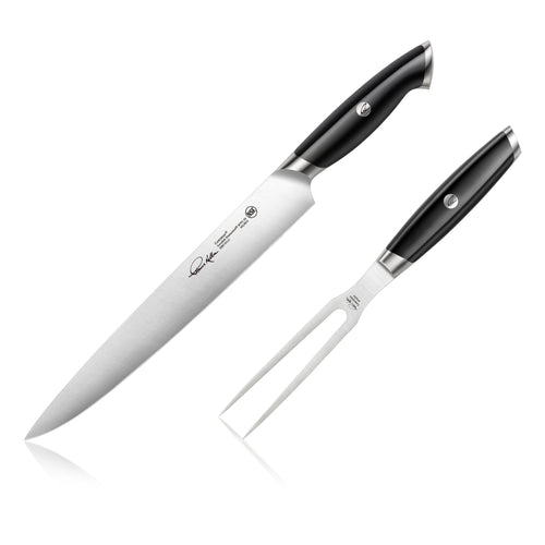 Two-piece carving set with a long stainless steel knife and a two-prong fork, both with black ergonomic handles.