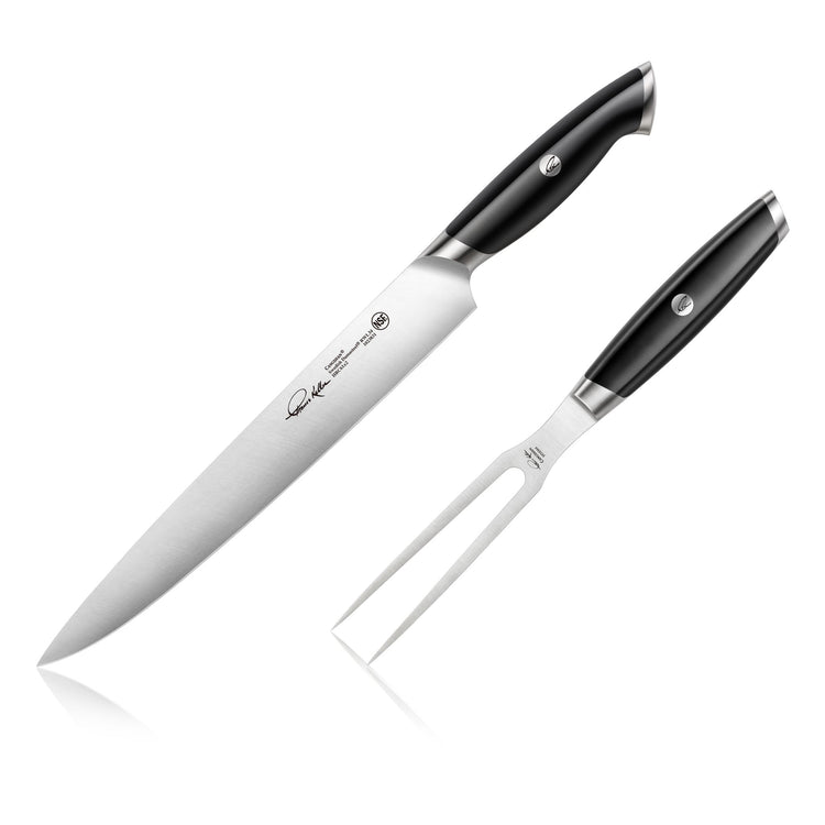 Two-piece carving set with a long stainless steel knife and a two-prong fork, both with black ergonomic handles.