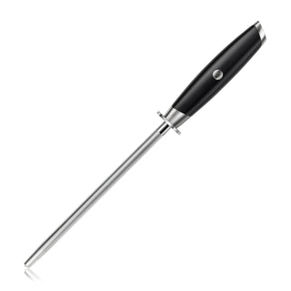 
                    
                      Diamond-coated 8-inch honing steel with black ergonomic handle and metal guard.
                    
                  