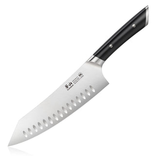 
                    
                      8-inch chef's knife with a black handle and a stainless steel blade featuring oval indentations.
                    
                  