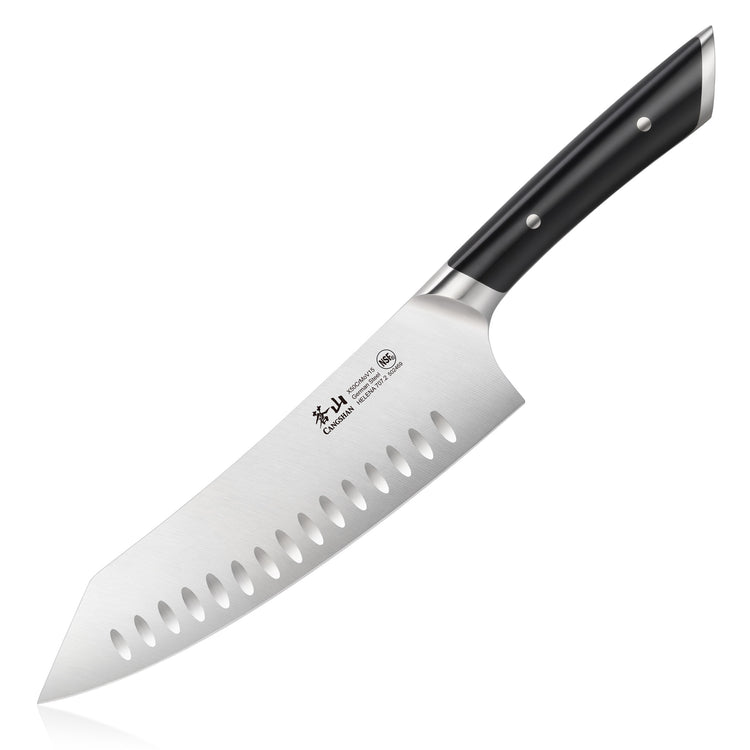 8-inch chef's knife with a black handle and a stainless steel blade featuring oval indentations.