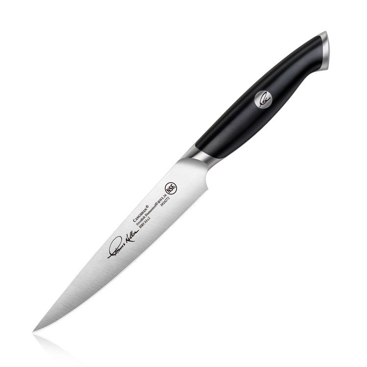 TKSC 5-inch fine-edge utility knife with black ergonomic handle and forged Swedish powder steel blade.