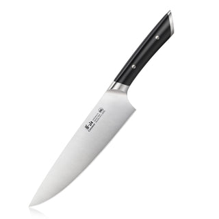 
                    
                      8-inch chef's knife with a stainless steel blade and black ergonomic handle with two rivets.
                    
                  