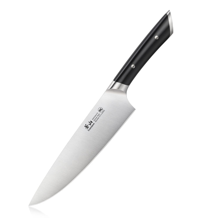 8-inch chef's knife with a stainless steel blade and black ergonomic handle with two rivets.