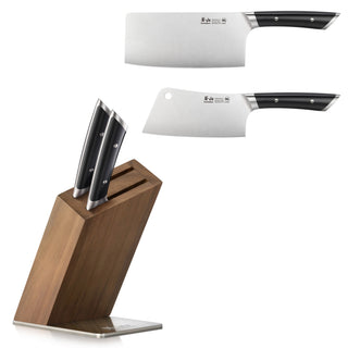 
                    
                      Two cleaver knives with black handles and a wooden knife block holding two knives with black handles.
                    
                  
