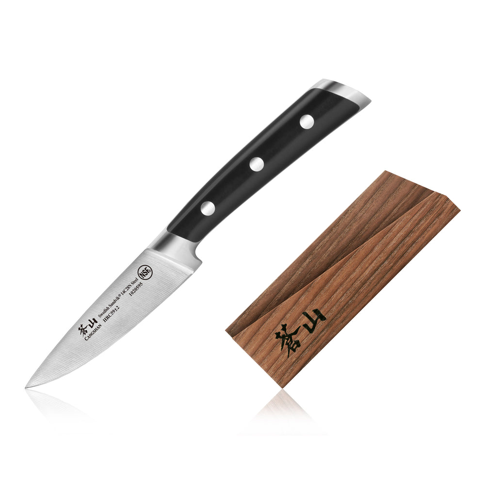 
                  
                    Load image into Gallery viewer, TS Series 3.5-Inch Paring Knife with Ash Wood Sheath, Forged Swedish 14C28N Steel, 1020601
                  
                