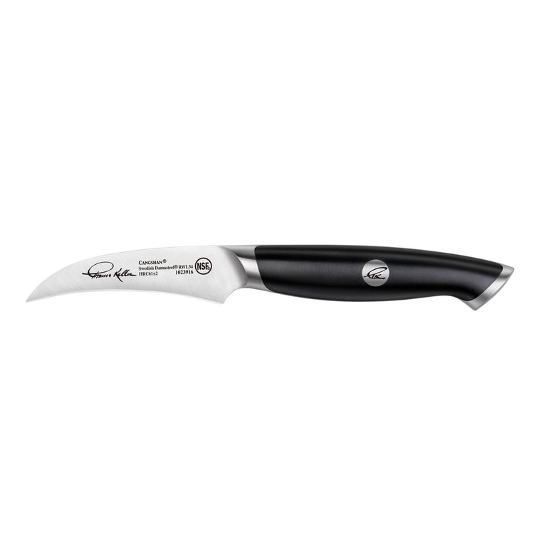 Small curved peeling knife with a black ergonomic handle and stainless steel blade featuring signature and certification mark