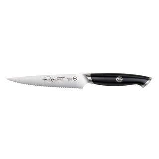 
                    
                      5-inch serrated utility knife with black ergonomic handle and stainless steel blade.
                    
                  